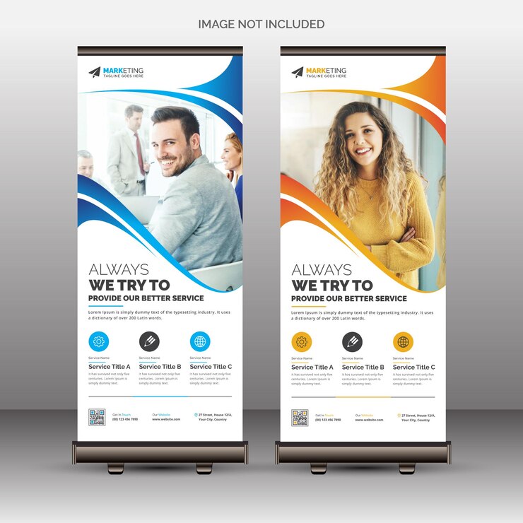 Modello di banner X banner roll up moderno blu e giallo aziendale con forme creative
