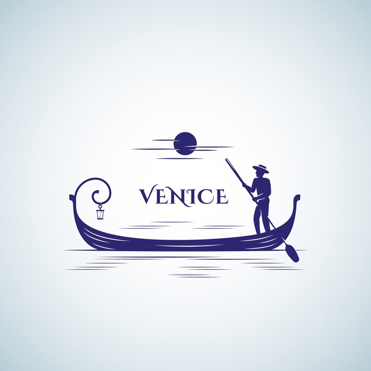Modello di barca, emblema o logo di Venezia. Silhouette di gondola galleggiante, luna e barcaiolo.