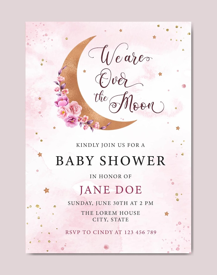 Modello di biglietto d'invito acquerello per baby shower con sfondo di stelle e luna