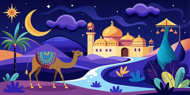 modello di biglietto di auguri di Eid Mubarak illustrazione notturna