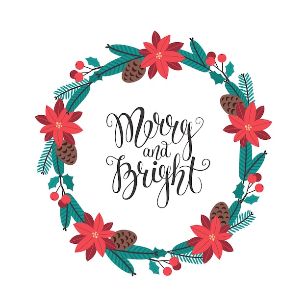 Modello di biglietto di auguri di Natale con scritte allegre e luminose e ghirlanda floreale Arte vettoriale