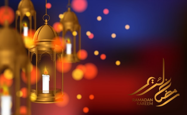 Modello di biglietto di auguri islamico. 3D che appende lanterna araba di lusso dei fanoo con la calligrafia del kareem del Ramadan e fondo del bokeh e bella luce