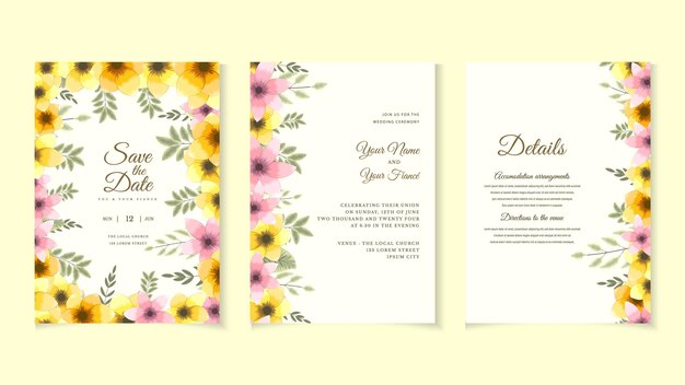 Modello di biglietto di invito per matrimonio botanico con foglie di fiori selvatici