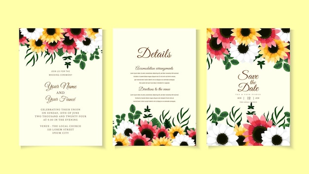 Modello di biglietto di invito per matrimonio floreale botanico rosa con foglie di fiori selvatici layout di vettore floreale
