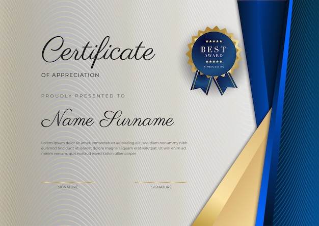 Modello di bordo certificato blu e oro con badge di lusso e motivo a linee moderne Per esigenze aziendali e educative