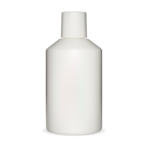 Modello di bottiglia di shampoo bianco. Pacchetto di plastica vuoto. Tubo del prodotto cosmetico, illustrazione del contenitore della lozione per il corpo. Design realistico della bottiglia di sapone liquido