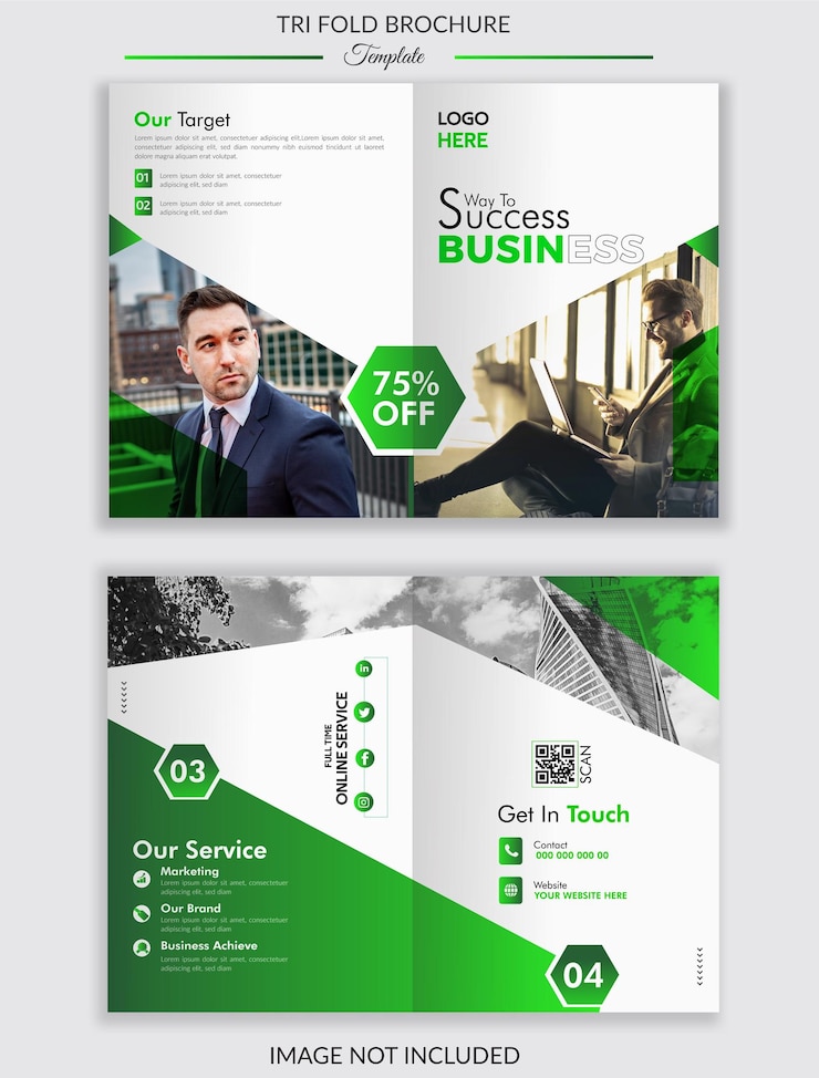 Vettore modello di brochure bifold professionale o design di brochure aziendale con colore verde