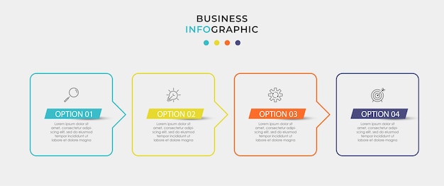 Modello di business di progettazione infografica vettoriale con icone e 4 opzioni o passaggi
