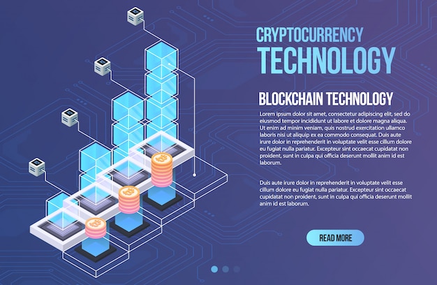 Modello di business di rete Blockchain. Composizione isometrica in criptovaluta e blockchain. Tecnologia di estrazione mineraria. Sistema monetario digitale. Layout per web e app.