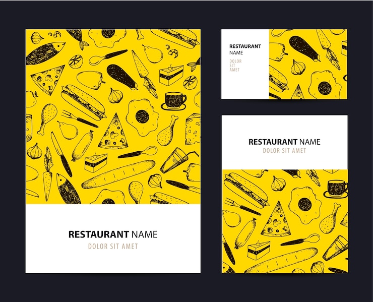 Vettore modello di business set con illustrazioni di cibo disegnate a mano. elementi di branding di ristorante o bar.