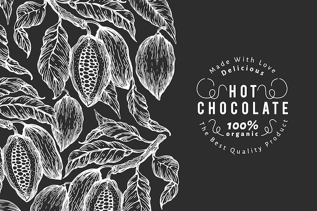 Modello di cacao disegnato a mano. illustrazioni di piante di cacao sulla lavagna. Sfondo di cioccolato naturale vintage