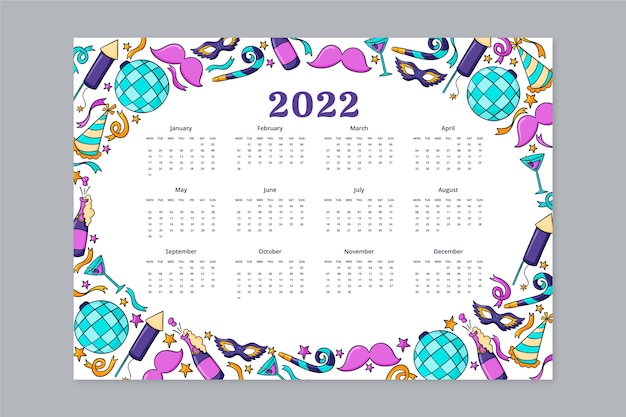 Modello di calendario 2022 disegnato a mano