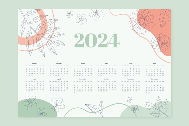 Modello di calendario 2024 disegnato a mano con foglie e forme astratte