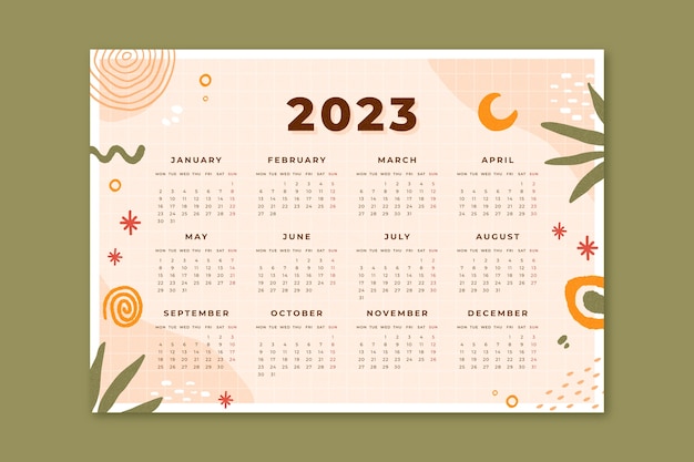 Modello di calendario annuale 2023 disegnato a mano