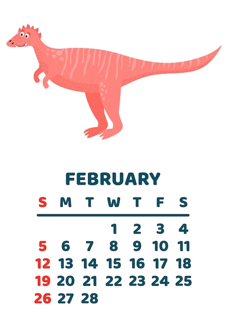 Modello di calendario carino dinosauro per bambini serie febbraio