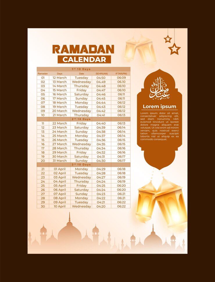 Vettore modello di calendario islamico ramadan kareem e calendario sehri ifter