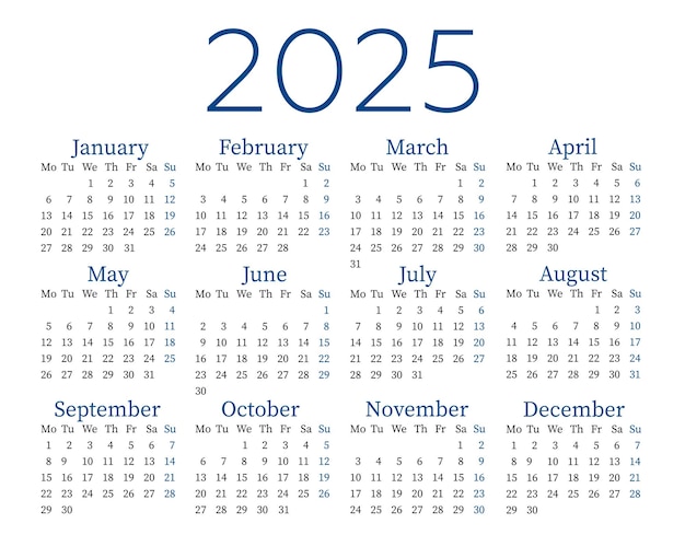 Modello di calendario per il 2025 in inglese modello di calendario 2025 Planner 2025 anno