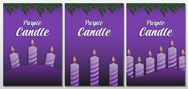 Modello di candela viola con candele viola incandescente e uno sfondo viola