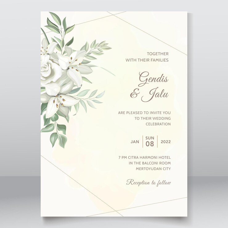Modello di carta di invito a nozze nel verde con gigli disegnati a mano