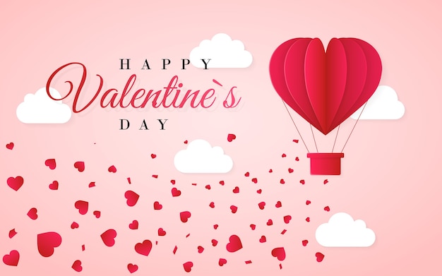 Modello di carta di invito felice giorno di San Valentino con mongolfiera di carta origami rossa a forma di cuore, nuvole bianche e coriandoli. Sfondo rosa.