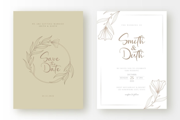Modello di carta di invito matrimonio di lusso e minimo con illustrazione di ghirlanda floreale in stile arte linea
