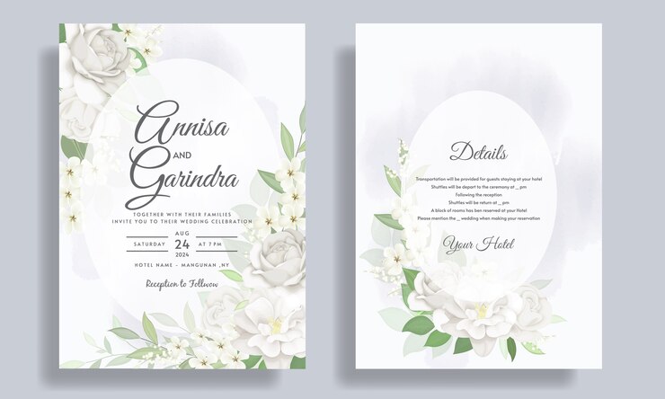 Modello di carta di invito matrimonio elegante con fiori bianchi e foglie Premium Vector