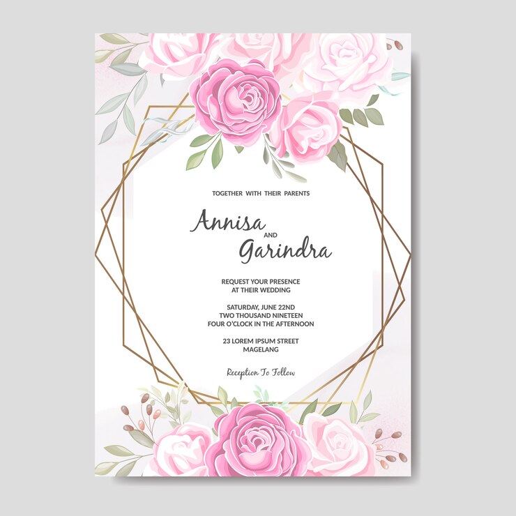 Modello di carta di invito matrimonio elegante con morbide rose rosa