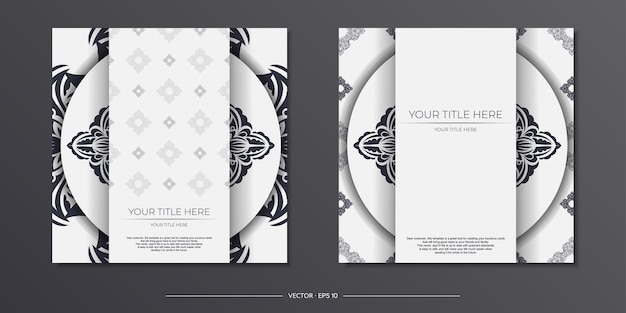 Modello di cartolina bianco lussuoso con ornamento nero vintage. Design dell'invito pronto per la stampa con motivi mandala.