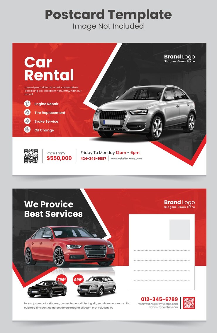 Vettore modello di cartolina di noleggio auto per pubblicità e marketing