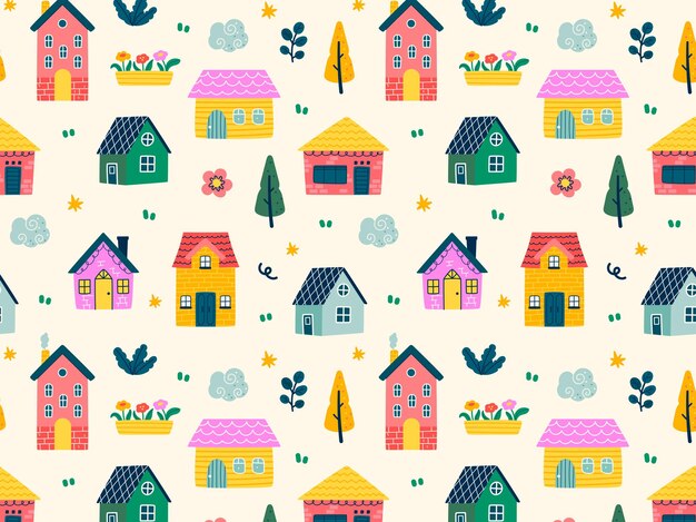 Modello di casa colorata senza cuciture Disegno architettonico giocoso e vibrante