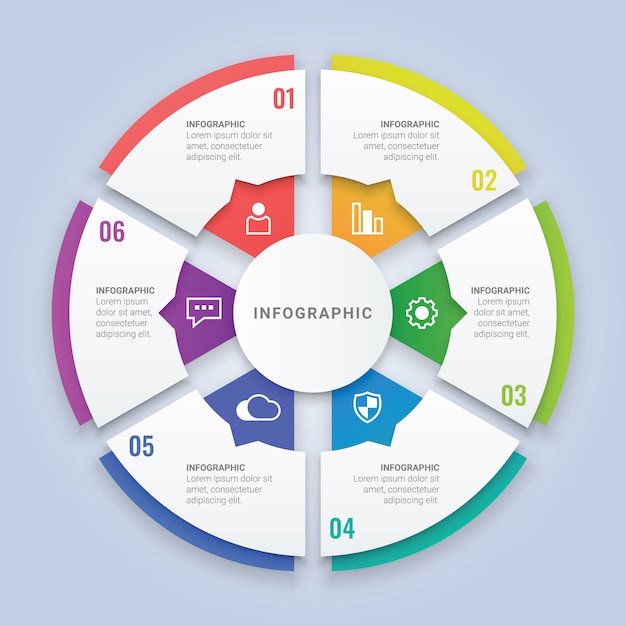 Modello di cerchio 3D infografica con sei opzioni per layout del flusso di lavoro, diagramma, relazione annuale, web design