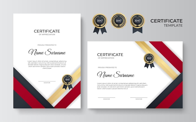 Modello di certificato aziendale di realizzazione con combinazione di colori rosso e oro