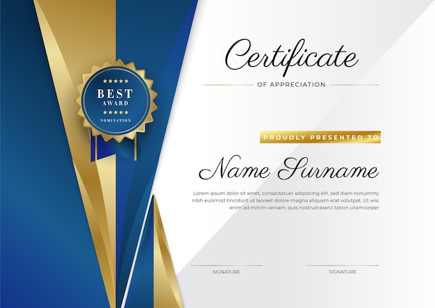 Modello di certificato di apprezzamento colore oro e blu Certificato moderno e pulito con badge dorato Modello di confine del certificato con motivo a linee moderne e di lusso Modello vettore diploma