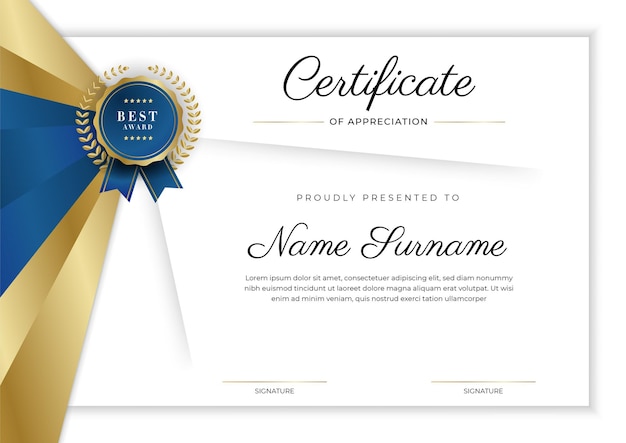 Modello di certificato di apprezzamento colore oro e blu Certificato moderno e pulito con badge dorato Modello di confine del certificato con motivo a linee moderne e di lusso Modello vettore diploma