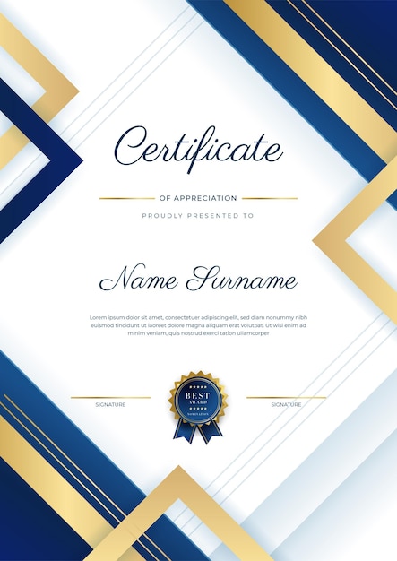 Modello di certificato di conseguimento moderno ed elegante blu e oro con badge e bordo in oro Progettato per la scuola universitaria e aziendale con premio diploma