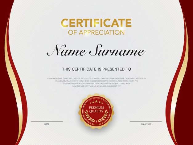 Modello di certificato di diploma di colore rosso e oro con immagine vettoriale di lusso e stile moderno adatto