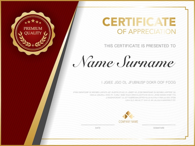 Modello di certificato di diploma di colore rosso e oro con immagine vettoriale di lusso e stile moderno.