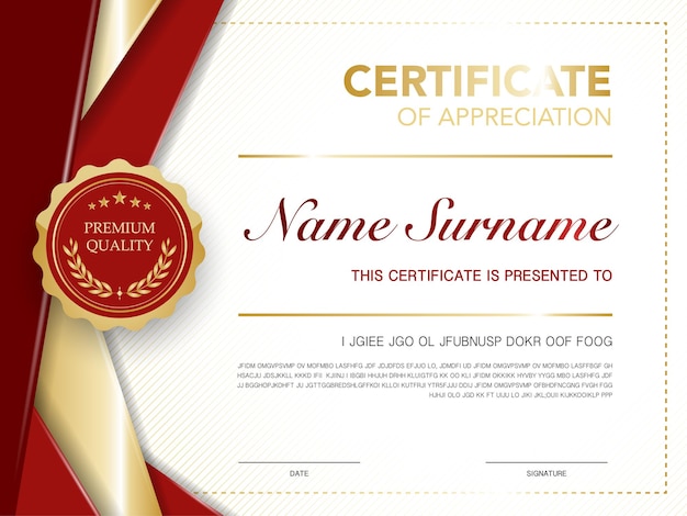 Modello di certificato di diploma di colore rosso e oro con immagine vettoriale di lusso e stile moderno