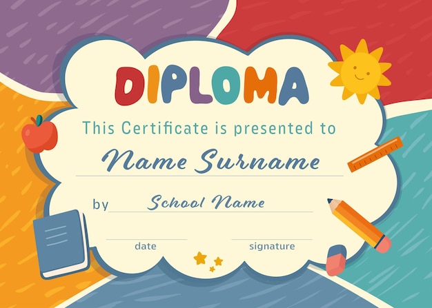 Modello di certificato di diploma di scuola materna con forniture scolastiche cloud numeri lettere e sole