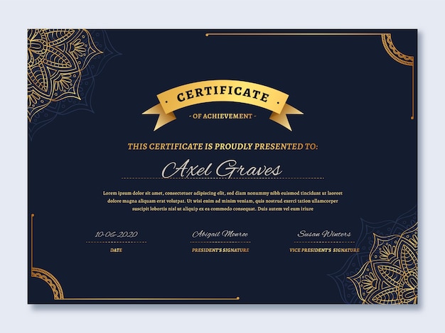 Modello di certificato di lusso dorato realistico