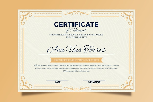 Modello di certificato elegante con cornice dorata