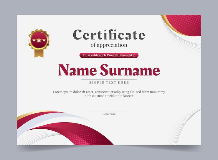 Vettore modello di certificato in oro moderno rosso elegante con distintivo