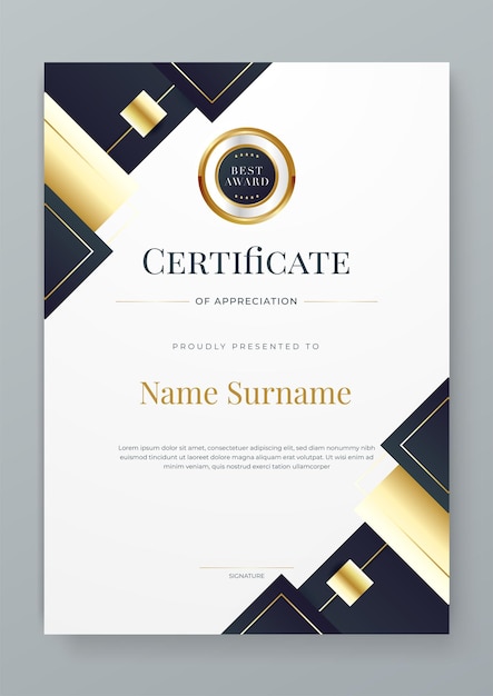 Modello di certificato moderno in oro nero e bianco con forme per risultati aziendali diploma premio laurea completamento apprezzamento riconoscimento riconoscimento ecc.