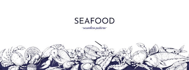 Modello di cibo marino Pesce marino fresco e prodotti marini aragoste e salmone ingredienti cotti menu del ristorante sfondo schizzo cibo marino cena gourmet sfondo vettoriale senza cuciture