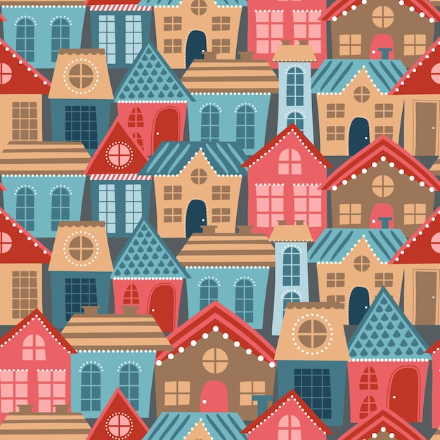 Modello di città senza soluzione di continuità. Case colorate di cartoni animati di diverse dimensioni - design infinito per imballaggi o tessuti