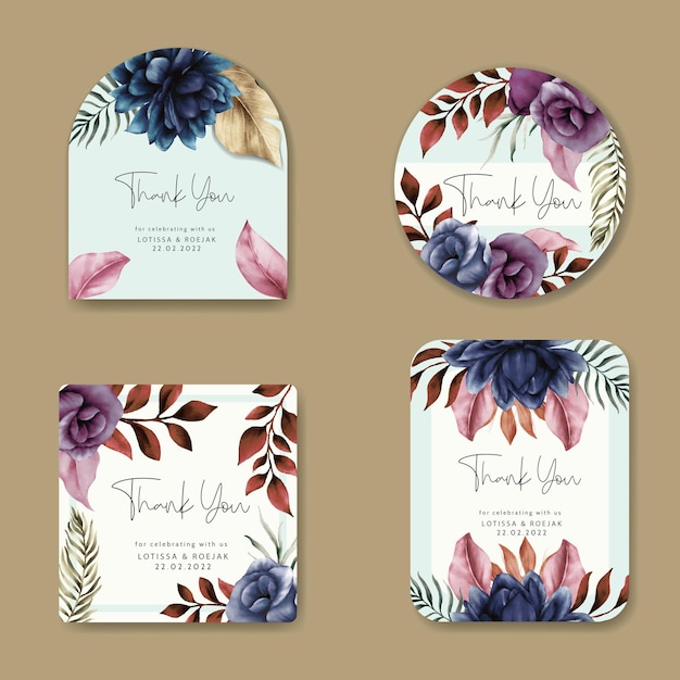 modello di collezione di etichette floreali ad acquerello blu marina elegante