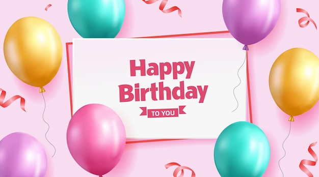 Modello di compleanno felice di palloncino 3D con palloncini colorati su uno sfondo rosa