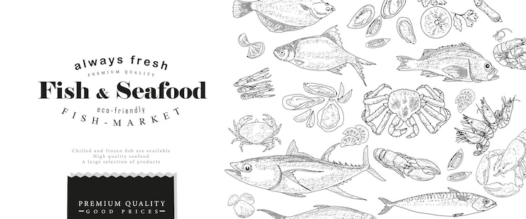 Vettore modello di copertina dell'opuscolo sui prodotti ittici e sui frutti di mare