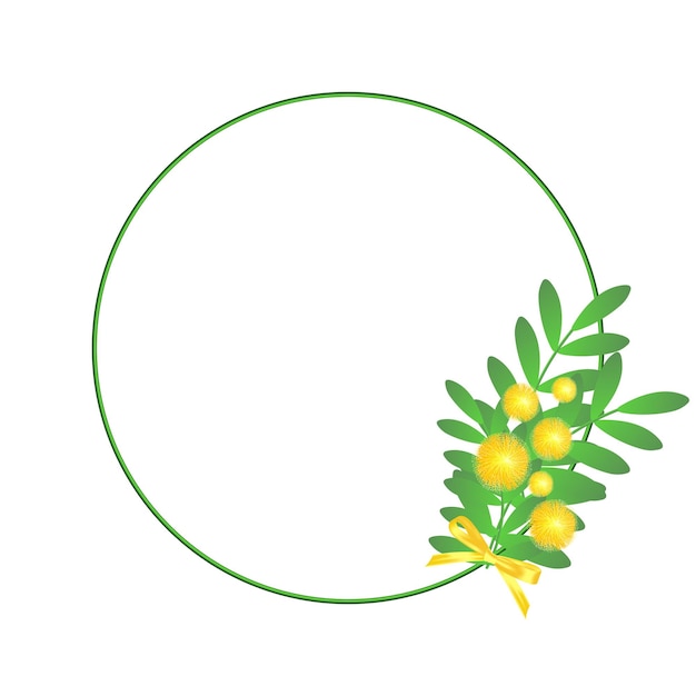 Modello di cornice rotonda con mimosa gialla isolata su sfondo bianco Copia spazio Illustrazione vettoriale