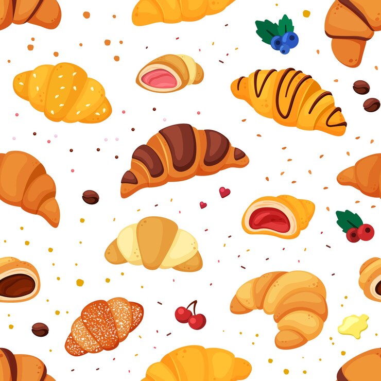 Modello di croissant fresco cucinato dessert da forno cibo delizioso Sfondo senza cuciture vettoriale con immagini di croissant